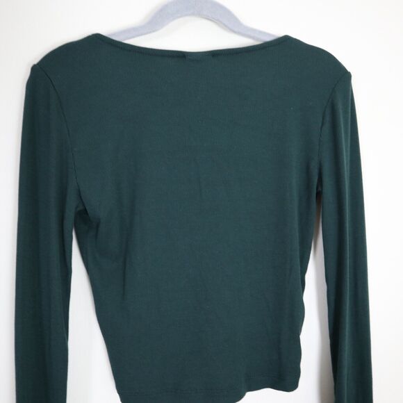 Aritzia Sunday Best Size XXS Vida Long Sleeve Crop Top Ribbed Green Ruched Front - Picture 9 of 10